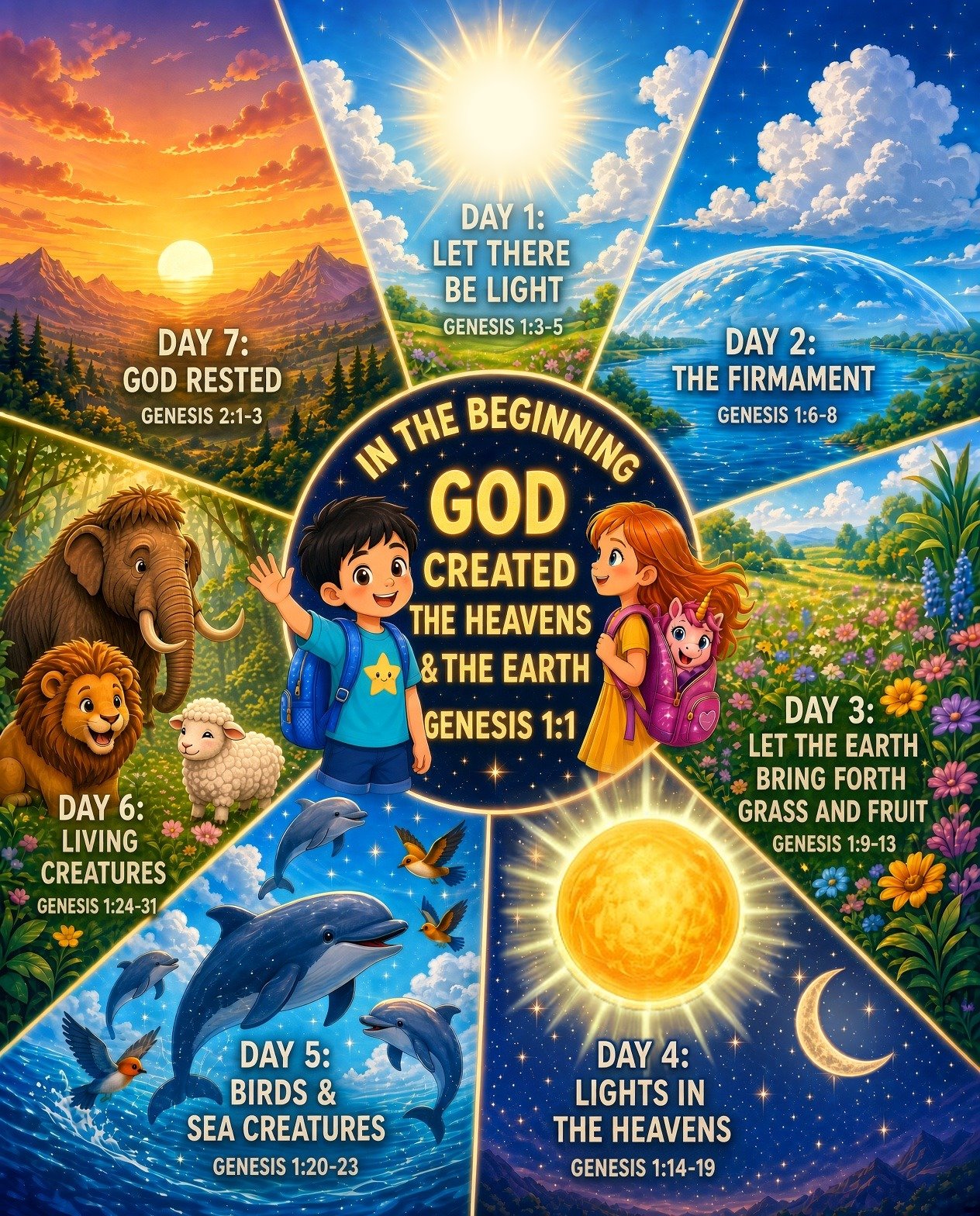 7 days of creation poster for kids with Bible verses from Genesis 1 and 2